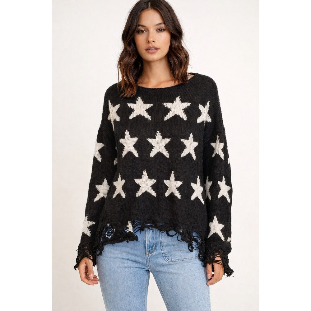 Wildfox Seeing Stars Lennon Sweater Distressed Star Knit Grunge Slouchy Black S